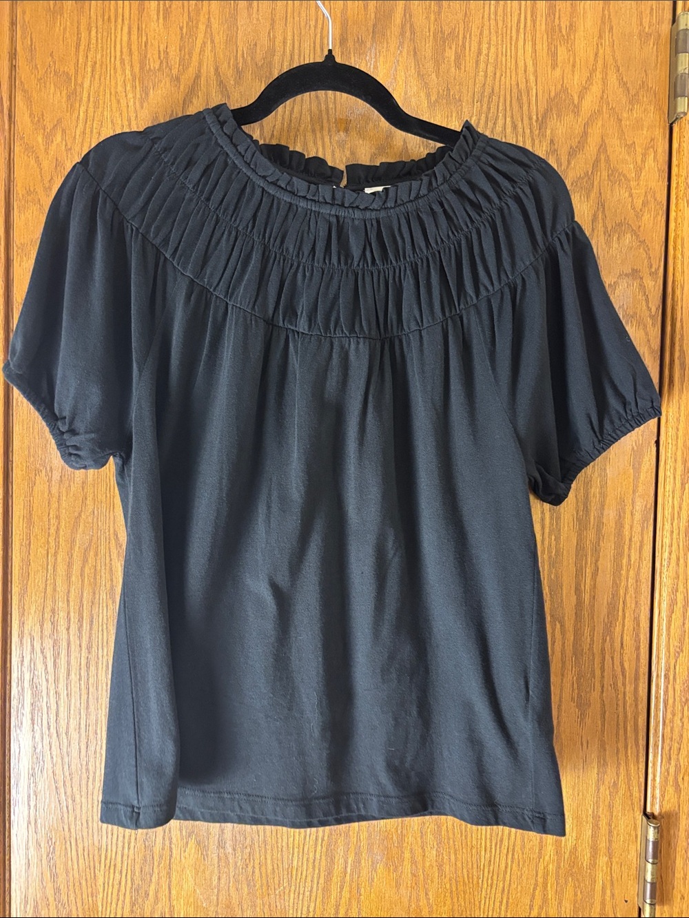 J. Crew Black Smocked Yoke Short Sleeve Blouse (XS)